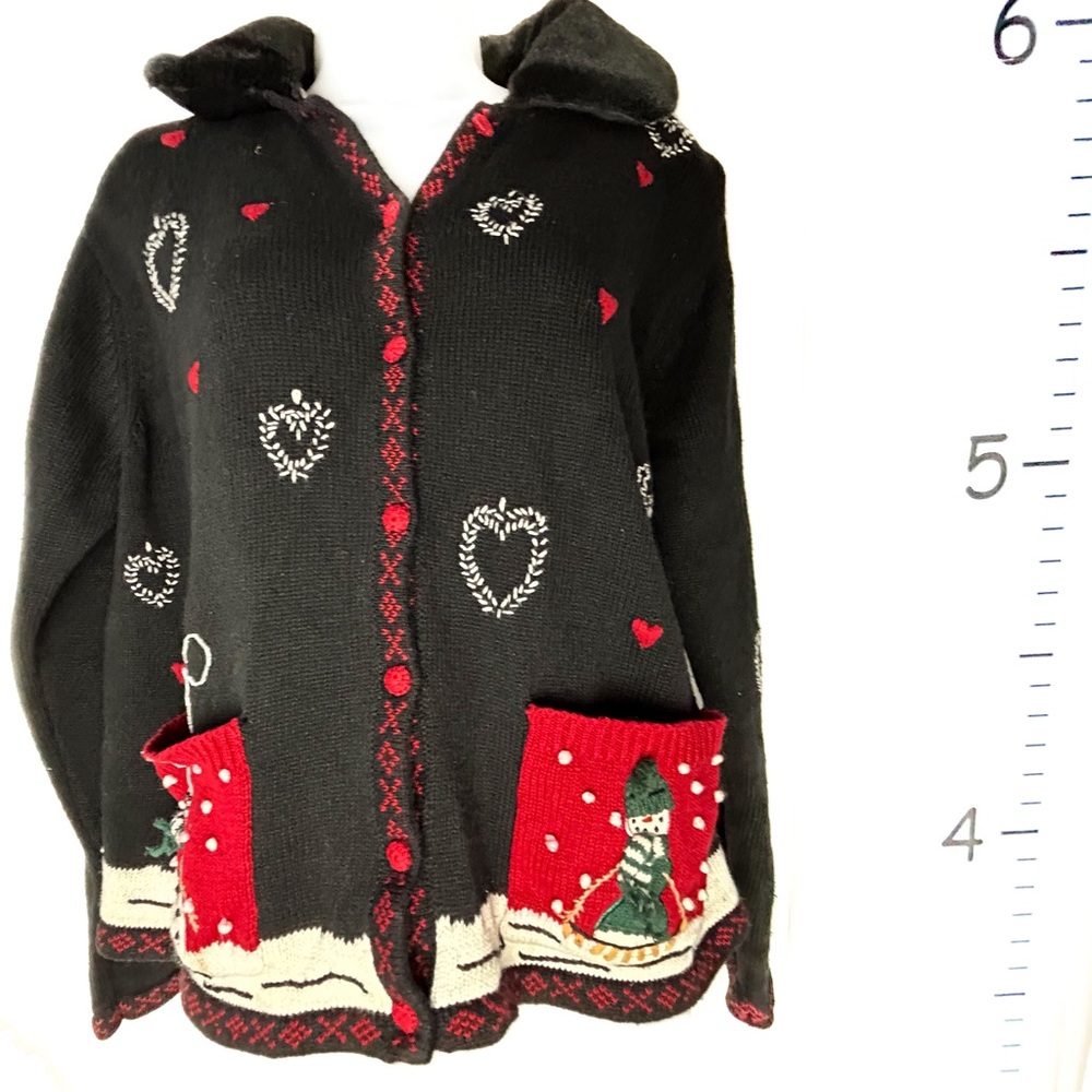 Karen Scott Sport Snowmen‎ Christmas Cardigan Sweater w/Fur Collar XL